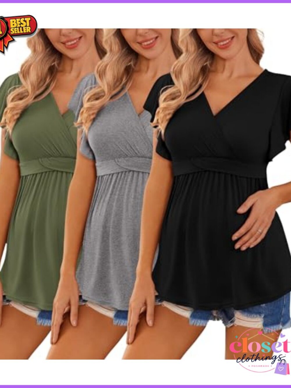 3 Pack Maternity Nursing Tops V-Neck Short Sleeve Pregnancy Shirts
